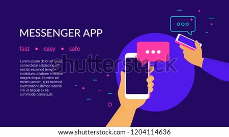 Mobile messenger app for texting messages to friends. Concept flat neon vector illustration of two human hands hold smartphones with speech bubbles on screen, they texting and sharing news