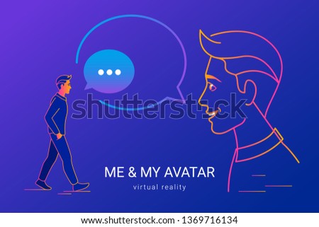 Me and my avatar for virtual reality communication and 3D video chat. Gradient vector illustration of life-like replicas of people. Young man going and looking at his digital avatar with speeh bubbles