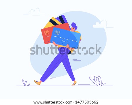 Young man carrying some heavy credit cards. Flat modern concept vector illustration of burden of credit cards and bank fees during life. Casual consumer with plastic cards on white background