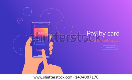 Mobile banking app and payment by credit card via electronic wallet wirelessly and easy. Bright vector illustration of online mobile paying by phone and connected credit card