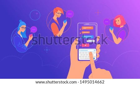 Human hand holds smart phone with messenger app and keyboard on screen. Gradient vector illustration of people using mobile smartphone texting group messages via messenger app