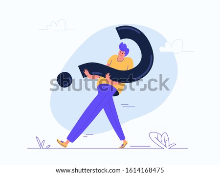 Young man carrying heavy question symbol. Flat modern concept vector illustration of people who needs professional help, support or more information. Casual design on white background