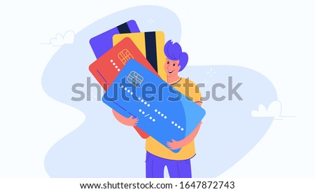 Happy smiling man hugging biggest credit cards. Flat modern concept vector illustration of people who use credit and debit bank card for payment. Casual consumer with plastic cards on white background