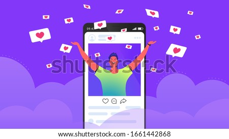 Social media likes and hearts flying down in clouds. Flat vector concept illustration of happy man standing into his social media page and getting hands up as winner with flying hearts speech bubbles