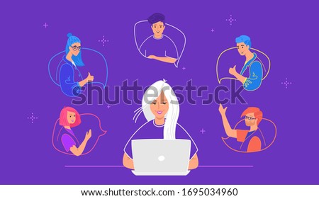 Webinar online conference and video streaming. Concept flat vector illustration of happy young woman sitting with laptop and connectiong to her friends for chatting, remote learning and storytelling