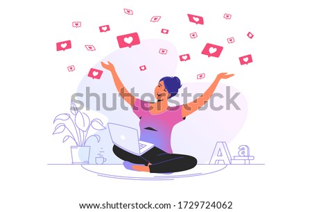 Social media likes and hearts falling on smiling woman. Gradient vector concept illustration of happy girl sitting at home and getting hands up as winner and flying speech bubbles on social media