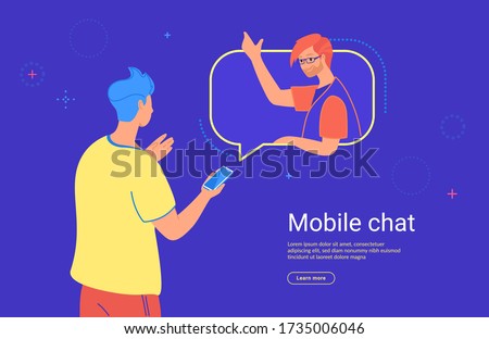 Social media mobile chat and communication. Concept flat vector illustration of teenage man using mobile smartphone witn messenger app for texting his friend or doing video call. 