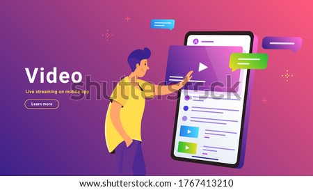Video watching and live streaming on mobile phone. Gradient vector illustration of cute man standing near big smartphone and pushing play button of video. Smart phone with bubbles on purple background