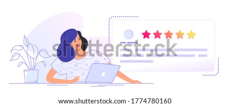 Customer review form to leave comment and rate a service or goods. Flat smiling woman sitting with laptop and looking at user testimonials fulfilled form. Customer feedback and rating 5 stars on white