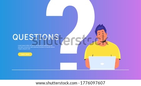 Upset and bored teenager sitting with laptop and big question symbol behind. Flat vector illustration of student needs a professional help or advice on community. Young man waiting hepldesk service