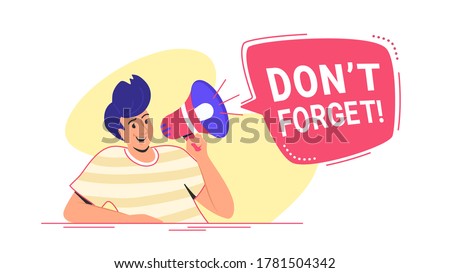 Do not forget something important loudspeaker banner to remind it a community. Flat line vector illustration of cute man sitting alone and shouting with red megaphone. Announcement or alert on white ストックフォト © 