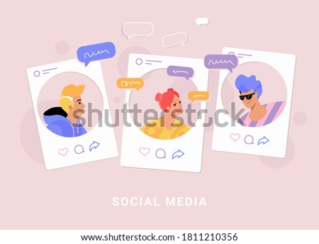 Young three teenagers chatting and texting together in social media pages as profiles. Flat line vector illustration of people with speech bubbles of chat and online talking on rose background