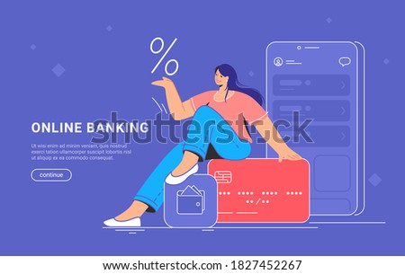 Online banking and red credit card interest rate. Flat vector illustration of smiling woman sitting on a big credit card with bank mobile app and smartphone behind her for profit and investments