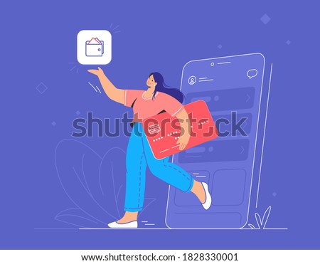 Online banking, e wallet and credit card. Flat vector illustration of smiling woman going out of a smartphone with red credit card and pointing to wallet mobile app for accounting and investments