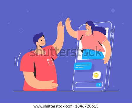 Video call conversation and couple giving a high-five. Concept vector illustration of two friends talking via video call on a chat messenger. Online conference and distance communications for people 