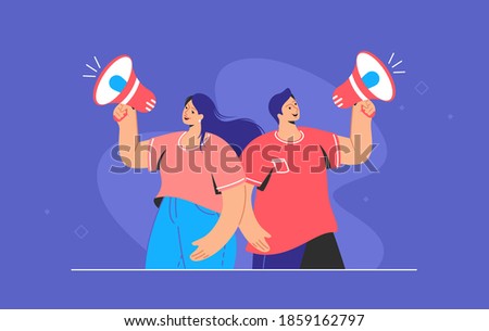 Social media and internet marketing loudspeaker banner. Flat line vector illustration of cute couple standing and shouting with red megaphone. Marketing announcement promo alert on purple background