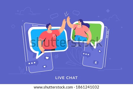 Video call or mobile chat conversation. Concept vector illustration of two friends giving a high-five on smartphones in speech bubbles. Online conference and distance communications for people 