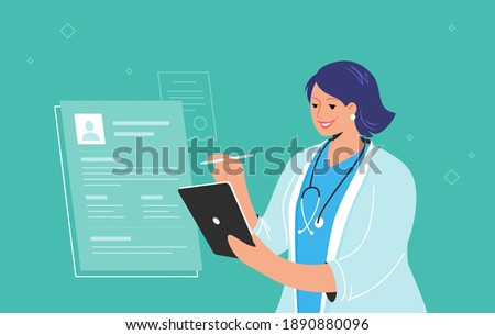 Electronic patient profile or online medical consulting on digital tablet. Smiling female doctor wearing white uniform holding tablet pc and checking patient e-profile for the distance consultation