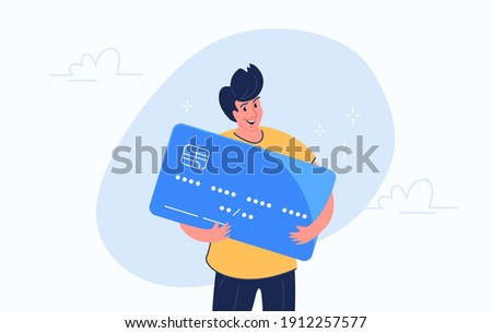 Happy smiling man hugging big credit card. Flat modern concept vector illustration of people who use credit and debit bank card for payment and banking. Casual consumer with card on white background