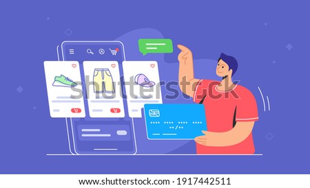 Online store e-commerce mobile app usage by consumer. Flat line vector illustration of young man holding blue credit card and pointing to the online e-store web cart with goods on smartphone screen