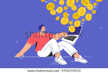 Young man sitting alone and buying or selling bitcoins on laptop. Flat modern concept vector illustration of people who buying and selling cryptocurrency and mining crypto coins on growing market