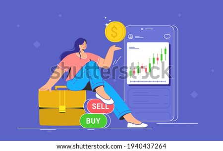 Money investing and taking profit. Flat vector illustration of cute smiling woman sitting on a portfolio of shares near a big smartphone, pointing to screen with growing market graph and dollar coin
