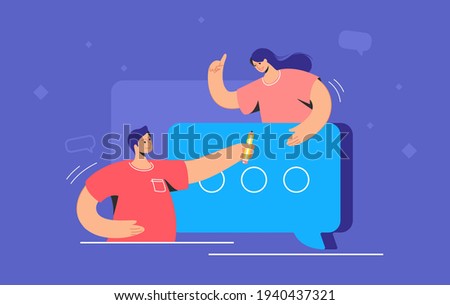 Happy teenagers with a big speech bubble. Flat vector illustration of smiling man and woman standing near a big speech bubble as a chat symbol of communication. People leaving comments and texting