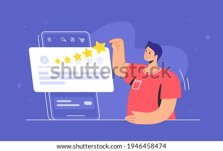 Consumer review for comment and rate a service or goods. Flat vector illustration of man standing near big smartphone and reading testimonials or leaving comment. Customer feedback and rating 5 stars