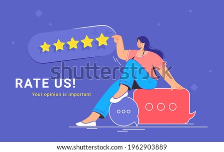 Consumer review and 5 stars rating. Flat vecor illustration of smiling woman sitting on speech bubbles and pointing to five stars as a rating result. Customer feedback and positive rating for goods