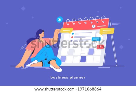 Calendar business planning and daily schedule. Flat vector illustration of cute woman sitting near a big personal calendar and pointing to working plan and choosing an event to share with colleagues