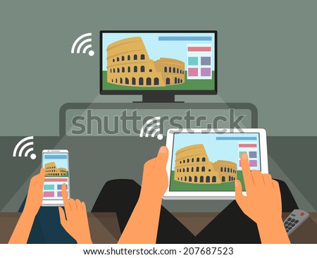 Multiscreen interaction. Man and woman are participating in TV show using mobile phone   voting online on tv show. Vector illustration of multi screen interaction with television, phone and tablet