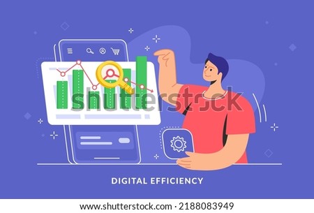 Data and graph analysis to increase sales and revenue. Flat vector illustration of cute man standing near a big smartphone and pointing to a graph. Business analytics mobile app on purple background