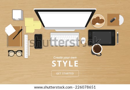 Realistic workplace organization. Top view with textured table, computer and smartphone, graphic tablet, stickers, glasses, cd disk, diary and coffee mug. Desktop vector illustration 