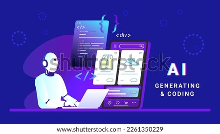 AI tecnology for coding e-commerce mobile app for online store. Flat vector illustration of artificial intelligence bot sitting with laptop and working with css script and preview on smartphone behind