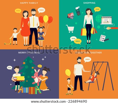 Family with children kids people concept flat icons set of parenting, shopping, time spending and christmas celebrating