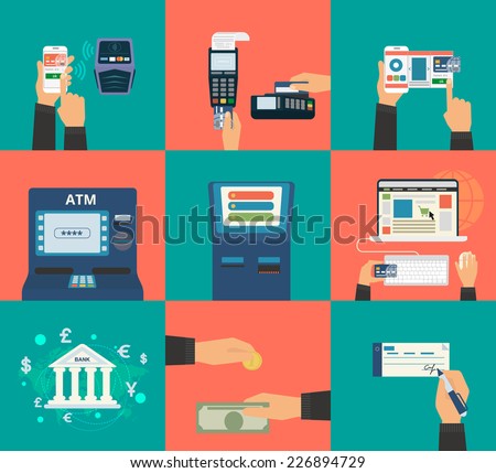 Flat concept vector illustration set of payment methods such as credit card with website, nfc technology, mobile app, atm and terminal, money transfer, paying by cash and invoice.