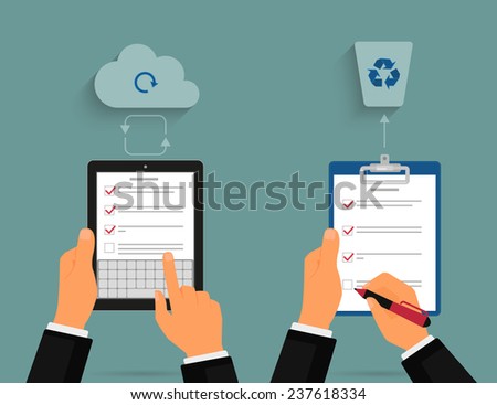 Businessman check points  in task list using tablet and notepad. Human hands hold two types of checklist such as pad and paper notepad to check notes in to do list. Cloud synchronization concept