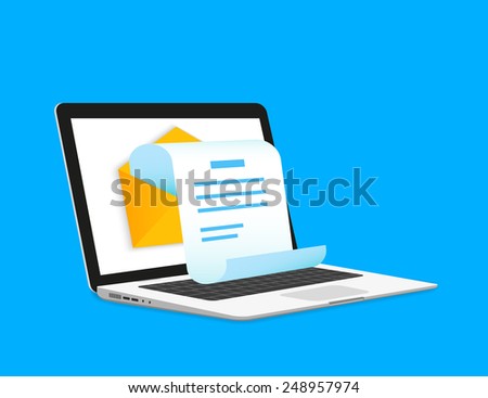 Newsletter email illustration with laptop isolated on blue. Laptop mail with a new letter in the inbox open to read or send to other mailbox. Vector newsletter icon for delivery or to read a new email