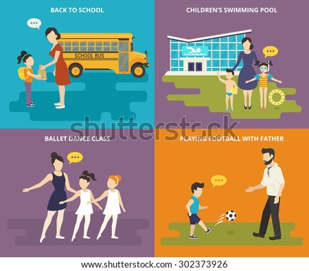 Happy parents are teaching their children. Concept flat family icons set of the child goes to school, visits a swimming pool, girls dancing in a ballet school and parent playing football with child