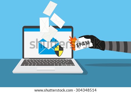 Email protection from spam. Human hand holds burning spam letter