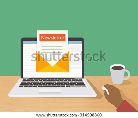 Flat illustration of man reading daily newsletter on his laptop at home