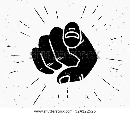 Retro human hand with the finger pointing or gesturing towards you. Vintage hipster vector illustration of finger point isolated on white background. Recruit poster or point icon we want right you
