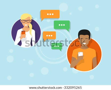 Two friends in the circle icons are sending messages via messenger app. Flat illustration of people communication with sms bubbles