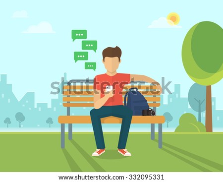 Young man sitting in the street and sending a message via chat to someone using his smartphone. Vector illustration of the mobile chat with friends 