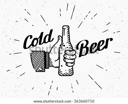 Thumbs up symbol icon with cold beer bottle like gesture. Retro beer bottle drinks for friends with handwritten lettering for logo on grunge background. Cold alcohol beer party  vector illustration 