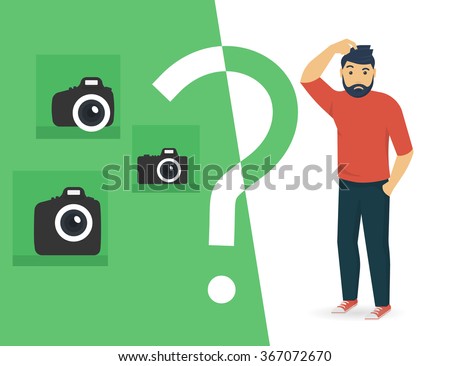 Confused man is choosing between compact, semi professional and professional slr camera. Flat illustration of male character standing full length with question sign. Isolated on white