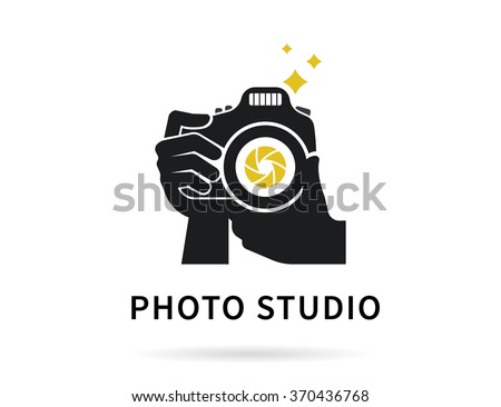 Photographer hands with camera icon or logo transparent template. Flat illustration of lens camera shooting macro image with golden flash and diaphragm