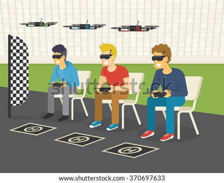 Quadrocopter racing competition new sport. Flat illustration of three guys wearing glasses to control drones via remote console