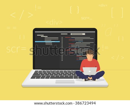 Man is sitting on the big laptop and working. Flat modern illustration of young programmer coding a new project using computer