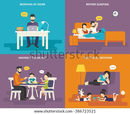 Family with children concept flat icons set of man working at home with laptop, reading news before sleeping, having a breakfast , watching cartoons on tablet pc. Illustration of people with gadgets